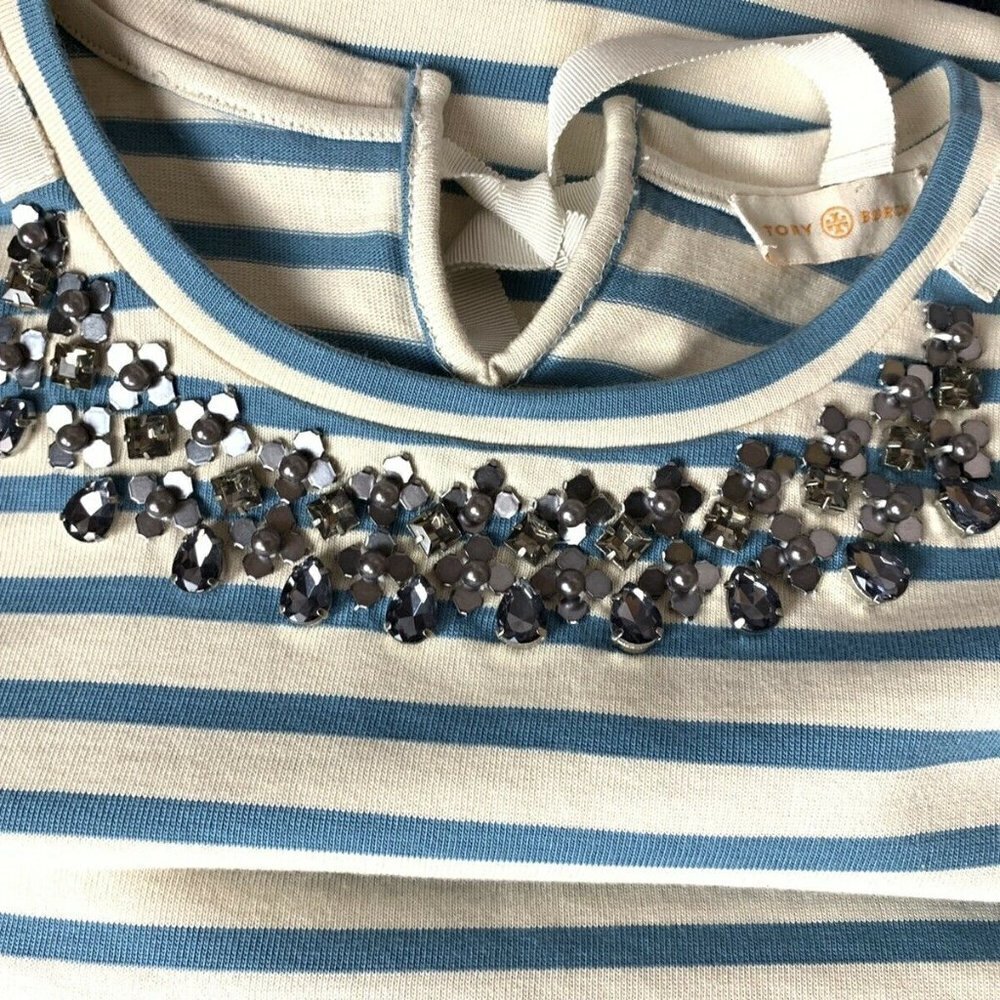 Tory Burch T-Shirt Casual Long Sleeve Blue White Striped Back Embellished Tie - Picture 10 of 13